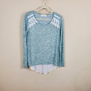 Moon & Sky Green Heather Long Sleeve Crochet High-lo Top Size S